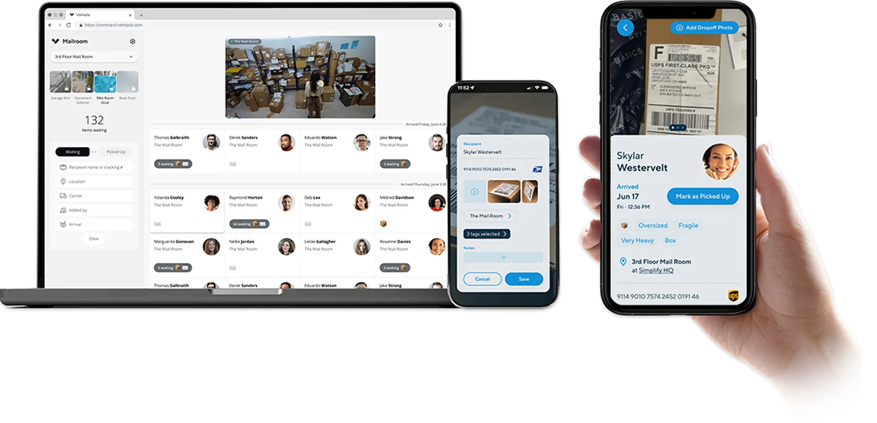 専用アプリで荷物をスキャンすることで、受取人へ通知やリマインド、荷物の受け取り状況の履歴化により、メールルームの業務を合理化します。