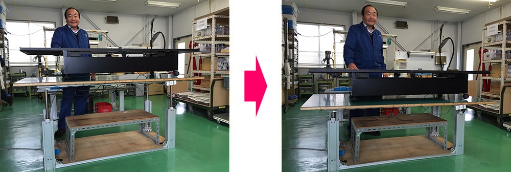 【解決策】作業台を上下昇降させることで作業員の疲労度を軽減、生産性向上を図る